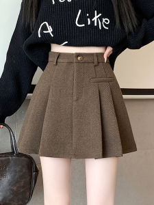Thickened Brown Woolen Suit Skirt Womens Fall and Winter Small Fashion Tape High Waist Slim Looking A- line Pleated Skirt