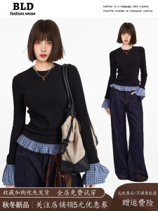 Áo Thun Dài Tay Màu Đen Phong Cách Mỹ Cho Nữ Mùa Xuân Thu Ôm Vừa Vặn Ngắn Mặc Trong Quần Áo Cổ Tròn Thường Ngày