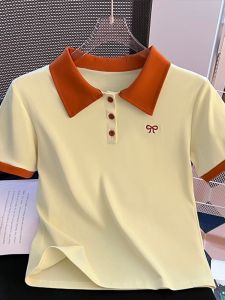 Slim Fit Pure Cotton Short Sleeve Polo Shirt Womens T-Shirt Korean Style Commute Button Embroidery Shoulder Collision Color Turn-down Collar