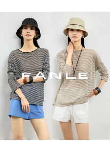 FANLE STUDIOS Summer Lightweight Linen Blend Dry Comfortable Breathable Sun Protection Stripe Loose Cover up Casual Style Womens T-shirt
