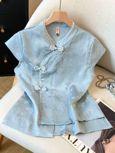 Chines Style Knot Closure Slim Design Short Sleeve Blouse