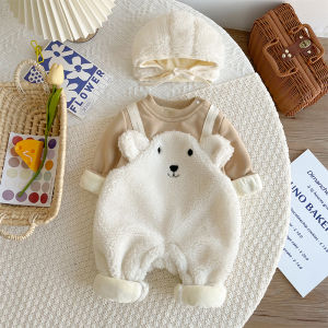 Autumn Winter Baby Romper Suit Fleece Lined Outfit Boys Girls Baby Clothes Full Month Hat Included Adorable Infant Outfit