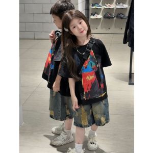 Cool Summer Cartoon T-Shirt And Jeans Set for Brother And Sister Korean Style Short Sleeve Two-Piece Set Breathable And Stylish