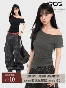 Gray Shoulder Bares Short Sleeve T Shirt Women Summer Slimming Short Styleoned Shoulder Top Commutesimple Editionspeed Dry