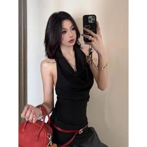 เสื้อกั๊กคอวีแขนกุดผ้าโมดอลคอตตอนสีดำสำหรับผู้หญิง ทรงสลิมฟิต ใส่ได้ทั้งฤดูร้อน ใส่ได้ทั้งในและนอก แฟชั่น