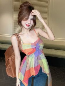 GUZILIAN | Irregular Chic Versatile Sleeveless Strap Vest Color Block Plaid Twist Dopaamine Slimming Halter Top Korean Style Commute Fashion