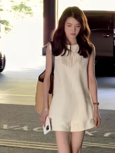 Bộ Đồ Hai Mảnh Vải Lanh Trắng Mùa Hè Cho Nữ Bộ Váy Vest Thời Trang Thường Ngày Cổ Tròn Tay Ngắn Mặc Vào Mùa Hè