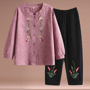 ชุดสองชิ้นผ้าฝ้ายสำหรับผู้หญิงวัยกลางคนและผู้สูงอายุ ฤดูใบไม้ผลิและฤดูใบไม้ร่วง 2025 ใหม่ แขนยาว ปกกลม กระดุมเดียว