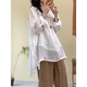 Retro Ramie Pure Color Breathable Mid Length Long Length Shirt Plus Size Womens Two-Side Buckle Casual Easiest for Match Irregular Top