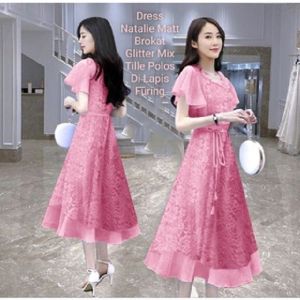 Dress Wanita Midi Model Terbaru Matt Brokat/Dress Natalie Size L-XL/Dress Pesta Acara Natalan Wanita