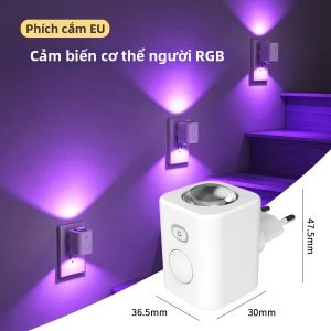 Cảm Biến Chuyển Động RGB Đèn Ngủ EU Cắm Đèn LED Tự Động Hành Lang Cầu Thang Đèn Trong Nhà Hành Lang Phòng Ngủ Tủ Đầu Giường Tủ Quần Áo