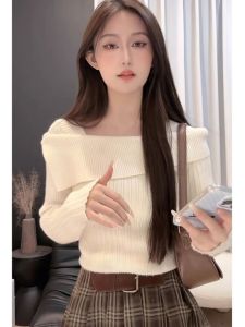 เสื้อถักคอวีแขนยาวผู้หญิง เสื้อชั้นในรัดรูปฤดูใบไม้ร่วงและฤดูหนาว ทรงเข้ารูป แขนยาว ปกติ สีพื้น แฟชั่นเกาหลี