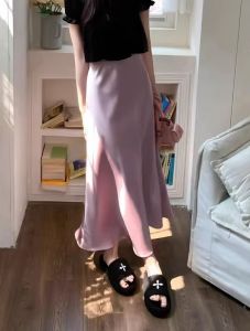 Acetate Satin Fish Tail Half Skirt Womens Summer New plus Size Elastic Waist Slimming Bodycon Long A-Line Skirt Korean Style