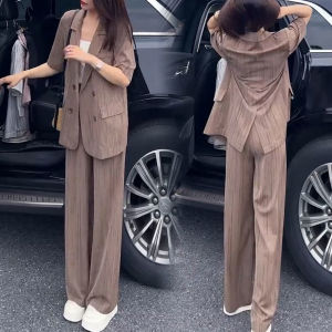 Slimming Printed Thin Wide Leg Pants Suit Womens Fashion Set Summer New Style Small Size Elegant Two Piece Polyester Fiber
