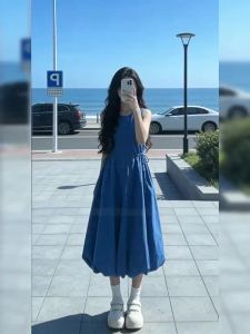 Ge·an·fei | Sleeveless French Blue Waist-Cinching Bud-Shaped Summer Dress