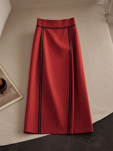 Red High Waist A-Line Mini Skirt Womens Elegant One-Step Slimming Skirt Mid-Length Sweet Countryside Style Autumn New Arrival