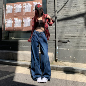 High Waist Patchwork Workwear Jeans Womens Slim Straight Leg Conceal Meat Large Pocket Loose Wide Leg Knife Pants Trendy