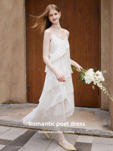 XIANGYING | Resort Style White Strap Tencel Dress
