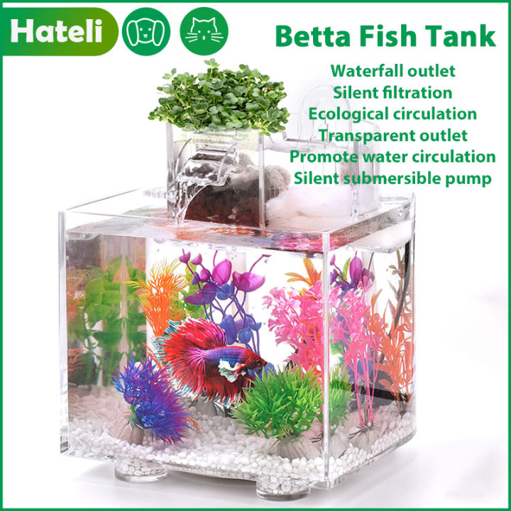 HATELI Aquarium Desktop Fish Tank Silent Filter Small Mini Ecological Fish Tank Plastic Office Free Replacement Aquarium