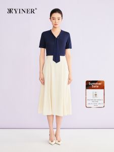 V-neck Ribbed Knitted Dress with Streamers and Sparkling Texture H Shape