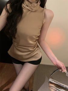 GUZILIAN | Womens High Collar Sleeveless Vest Pure Desire Waist Cinching Summer French Satin Top Slimming Versatile Outerwear Base Layer