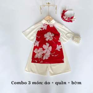 (4-64kg) Áo Dài Hoa Sen Đỏ Mẹ Và Bé NHÍM XÙ KIDS Chất Lụa Mềm Mại Cho Bé Gái 2 tháng - 8 Tuổi AD157