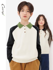 Pure Quality Kids Sweater Autumn 2024 New Style Polo Collar Knittedwear Lightweight Warm Color Block for Medium to Large Children