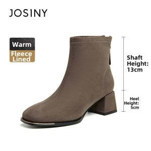 Josiny | Womens Short Boots Rough Heel Stretch Velvet Slimming