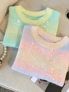 Guangzhou Thirteen Lines Best Selling Gradient Color Sequin Thin Knitwear Mint Mambo Style Wear Wear Green Short Sleeve Tops