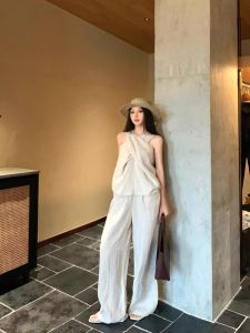 Kumikumi Pure Desire Style Womens Summer Casual Outfit High Waist Slimming Two-Piece Set Comfortable Neck Hanging Vest