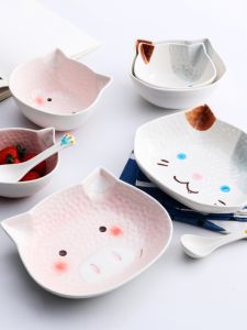 Cute Pig Ceramic Bowl Set for Girls Breakfast Rice Salad Dish Home Use Irregular Shape Cartoon Style Dining Utensils