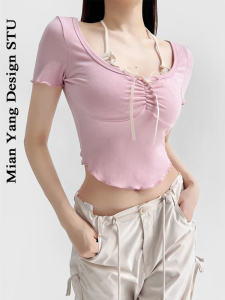 Áo Thun Cotton Ngọt Ngào INS Tay Ngắn Hai Mảnh Giả Viền Nơ Cổ Treo Ren Hoa Tai Ngọt Ngào Áo Thun Nữ Mùa Hè Thường Ngày