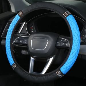 Car steering wheel cover womens pink diamond-encrusted leather handle cover without inner ring decoration for all seasons