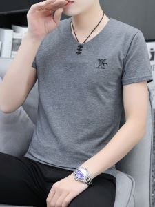 [Factory Batch One Piece Dropshipping] Summer Influencer Picks Pure Cotton Short Sleeve T-Shirt Men V Neck Silm Fashion Brand Half Sleeve