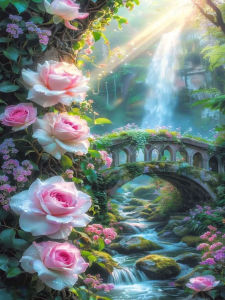 Huacan 5D Diamond Painting Rose Waterfall Ancient Bridge Diamond Embroidery Landscape New Decorative Paintings Decor