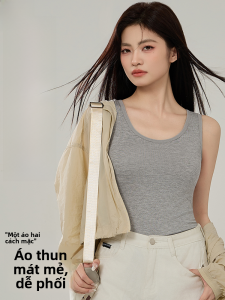 MiiOW | Áo ba lỗ không tay màu xám rộng rãi cho nữ Áo khoác ngoài mùa hè không dây đeo ngực Áo chống ánh sáng không dây đeo ngực