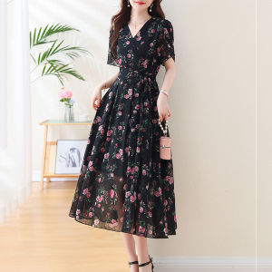 DAIXIANGFEIZI | Đầm Chiffon Hoa Văn Nữ Mùa Xuân/Hè Thiết Kế Mới Dây Đai Thon Nhẹ Nhàng