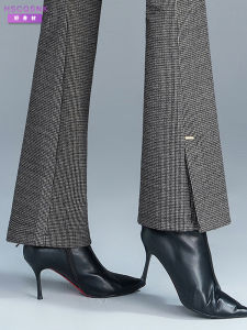 High Waist Slimming Grey Plaid Casual Pants for Women Spring Autumn High Slit Flared Legs Comfortable Commute Style