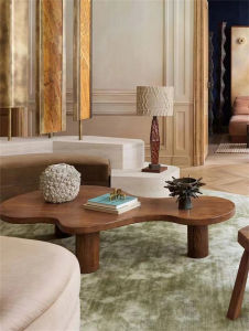 Irregular Shaped Wooden Coffee Table French Style Living Room Designer Side Table Artistic Style Creamy Finish Tea Table