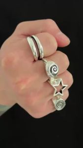 KunJoe 5Pcs/Set Vintage Punk Irregular Hollow Star Spiral Metal Open Ring Women Goth Adjustable Couple Silver Color Ring Jewelry
