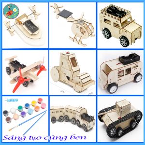 Đồ chơi stem - Bộ lắp ghép combo 8 sản phẩm xe tăng ô tô cano xe lu máy bay gỗ chạy bằng Pin AA. trí tuệ sáng tạo