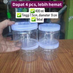 (DAPAT 4 BIJI) Toples tebal plastik tabung 400 ml / pet / kue kering / toples jar pet / ulir tutup bening / silinder / polos