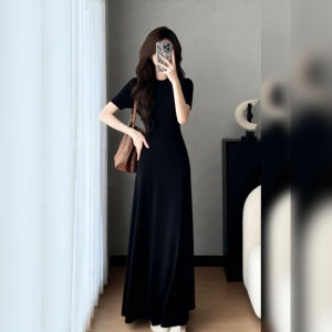 DANTING | Black Short Sleeve Round Neck Slim Long Dress
