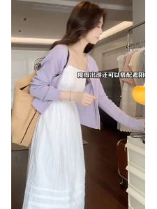 Purple Knitted Cardigan Womens Slim Fit Short Outerwear Spring Autumn Stylish Casual Fashion Korean Style Sun Protection Top