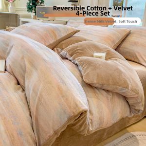 BEIPIN | Cotton & Milk Velvet Quilted Bedding Set Brushed Coral Fleece