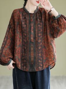 เสื้อเชิ้ตผู้หญิงแขนยาวลายดอกไม้ย้อนยุคแบบหลวมๆ ลำลอง ทรงเข้ารูป คอตั้ง สไตล์เกาหลี ฤดูใบไม้ผลิและฤดูใบไม้ร่วง