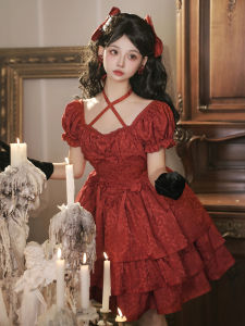 Original Red Three-Part Short-Sleeve Lolita Skirt Princesse Style Gathered A-Line Midi Dress for Young Women Spring Autumn Wear