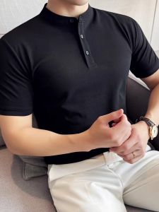 New Chinese Style Slim Fit Short Sleeve Polo Shirt Ice Silk Half Sleeve Small Stand Collar T-Shirt Fashionable Summer Top for Men