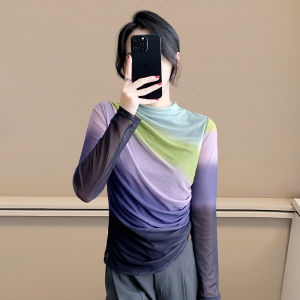 REHIN เสื้อยืดแขนชุดยาวพิมพ์ลายดอกไม้มัดย้อมผู้หญิงเสื้อแฟชั่นฤดูใบไม้ร่วงฤดูหนาวยืดทรงสลิมฟิต