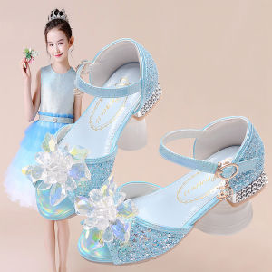 Princess Style Crystal Sandals High Heels for Girls Childrens Fashion Summer Piano Performance Host Toe Exposure Shoes